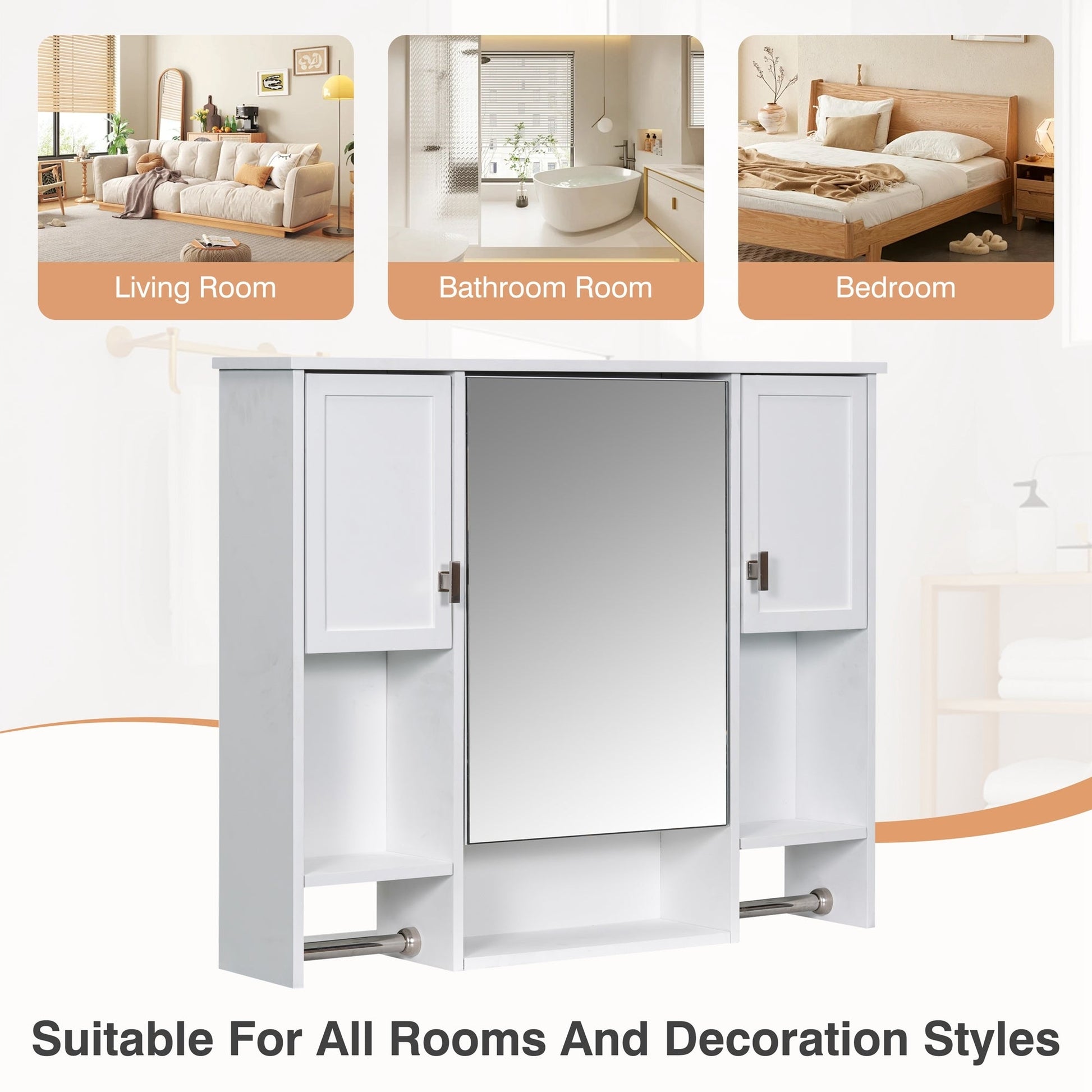 Modern Wall Mounted Bathroom Storage Cabinet with Mirror, White MDF Medicine Cabinet with Towel Bar, 35'' x 28'' - 1st Choice Furniture Direct