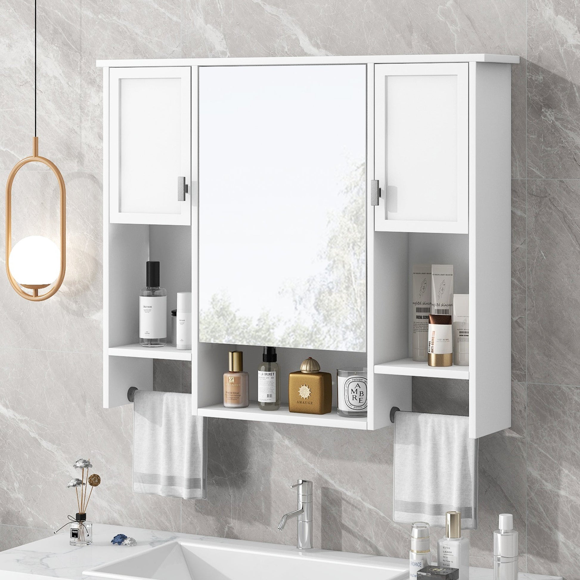 Modern Wall Mounted Bathroom Storage Cabinet with Mirror, White MDF Medicine Cabinet with Towel Bar, 35'' x 28'' - 1st Choice Furniture Direct