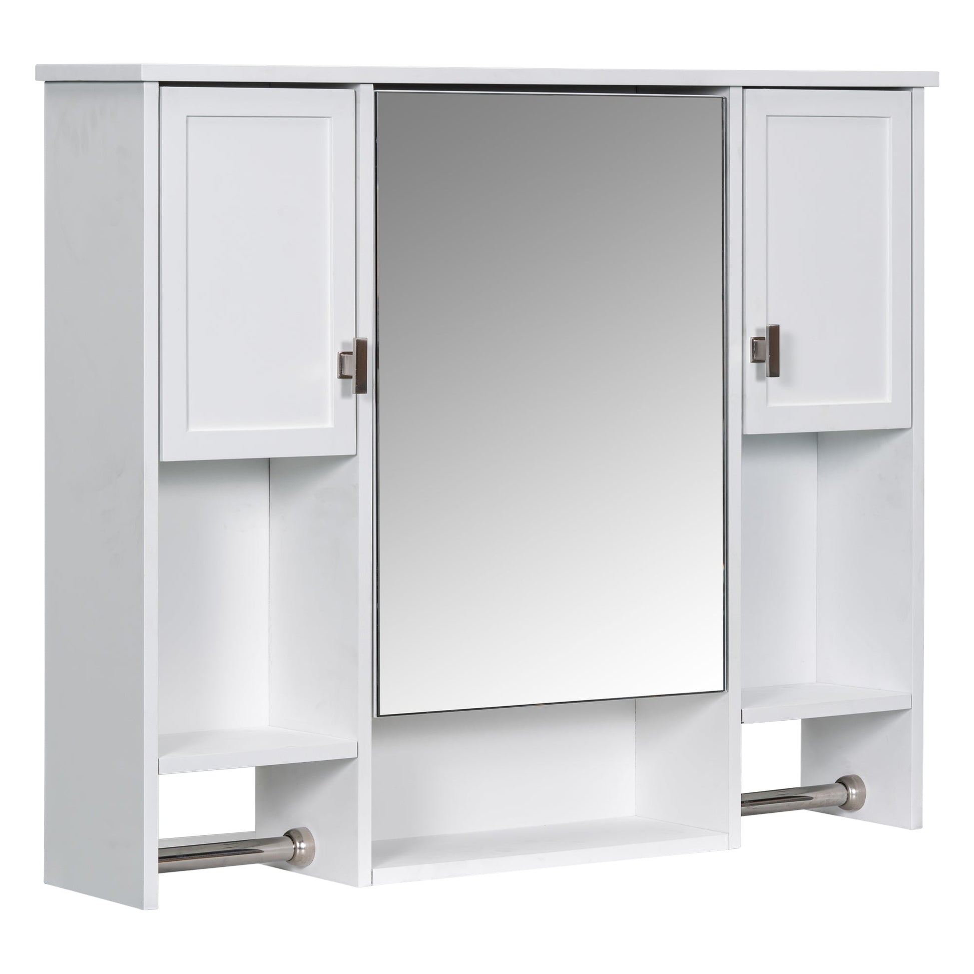 Modern Wall Mounted Bathroom Storage Cabinet with Mirror, White MDF Medicine Cabinet with Towel Bar, 35'' x 28'' - 1st Choice Furniture Direct