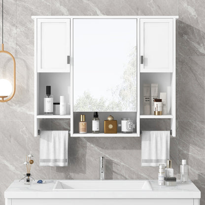 Modern Wall Mounted Bathroom Storage Cabinet with Mirror, White MDF Medicine Cabinet with Towel Bar, 35'' x 28'' - 1st Choice Furniture Direct