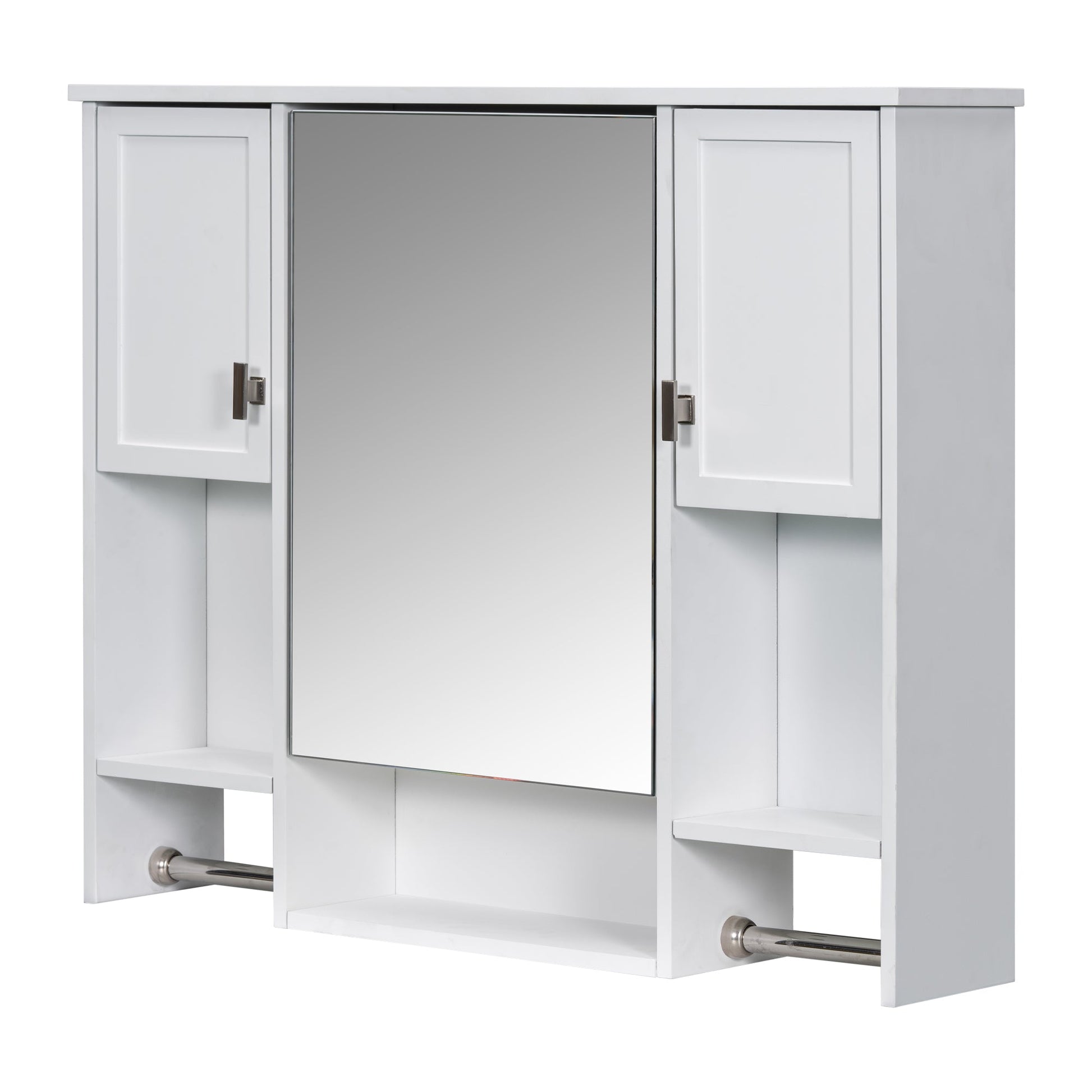 Modern Wall Mounted Bathroom Storage Cabinet with Mirror, White MDF Medicine Cabinet with Towel Bar, 35'' x 28'' - 1st Choice Furniture Direct