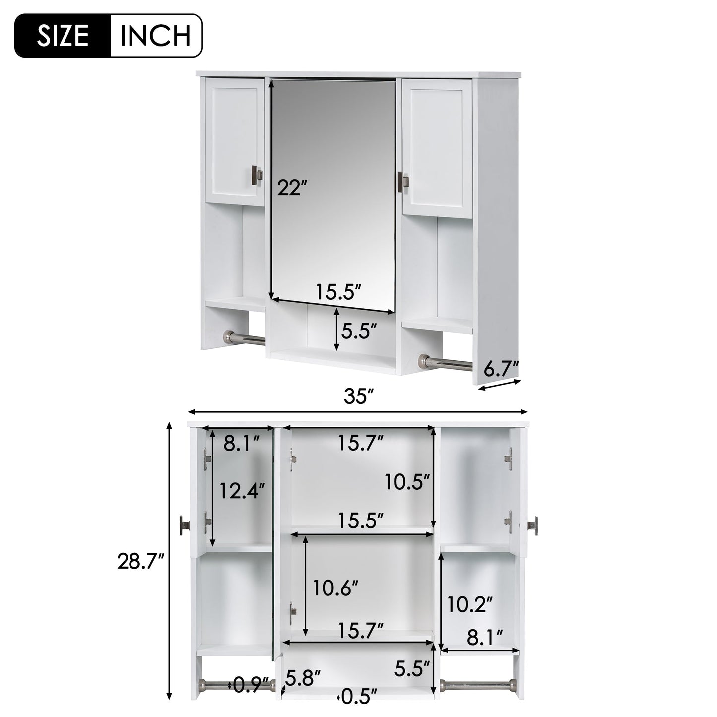 Modern Wall Mounted Bathroom Storage Cabinet with Mirror, White MDF Medicine Cabinet with Towel Bar, 35'' x 28'' - 1st Choice Furniture Direct