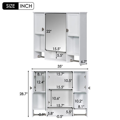 Modern Wall Mounted Bathroom Storage Cabinet with Mirror, White MDF Medicine Cabinet with Towel Bar, 35'' x 28'' - 1st Choice Furniture Direct