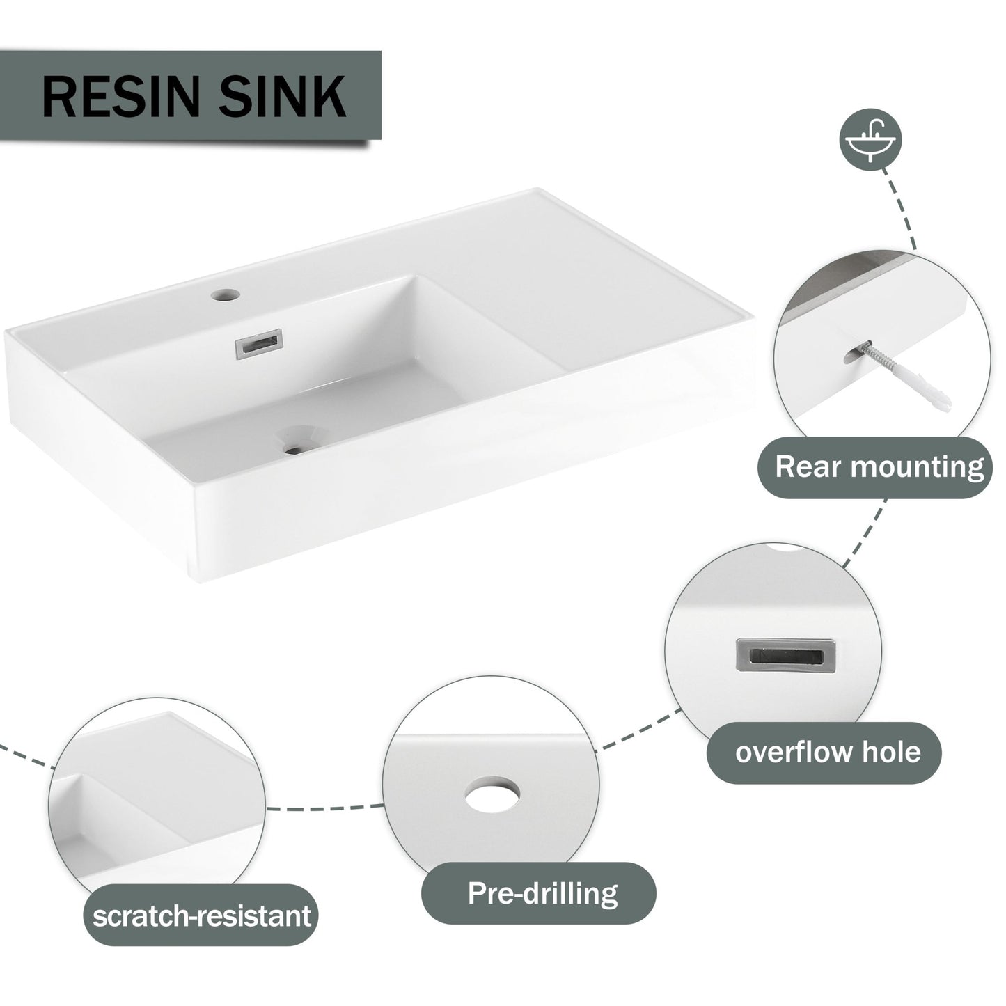 Modern Wall - Mounted Bathroom Vanity with Resin Sink and Side Cabinet, Soft Close Drawer, Imitative Oak, Plywood, 30 Inch - 1st Choice Furniture Direct