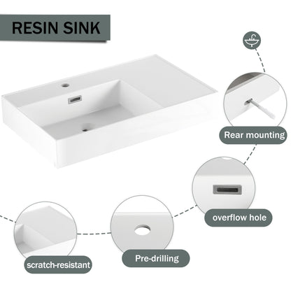 Modern Wall - Mounted Bathroom Vanity with Resin Sink and Side Cabinet, Soft Close Drawer, Imitative Oak, Plywood, 30 Inch - 1st Choice Furniture Direct