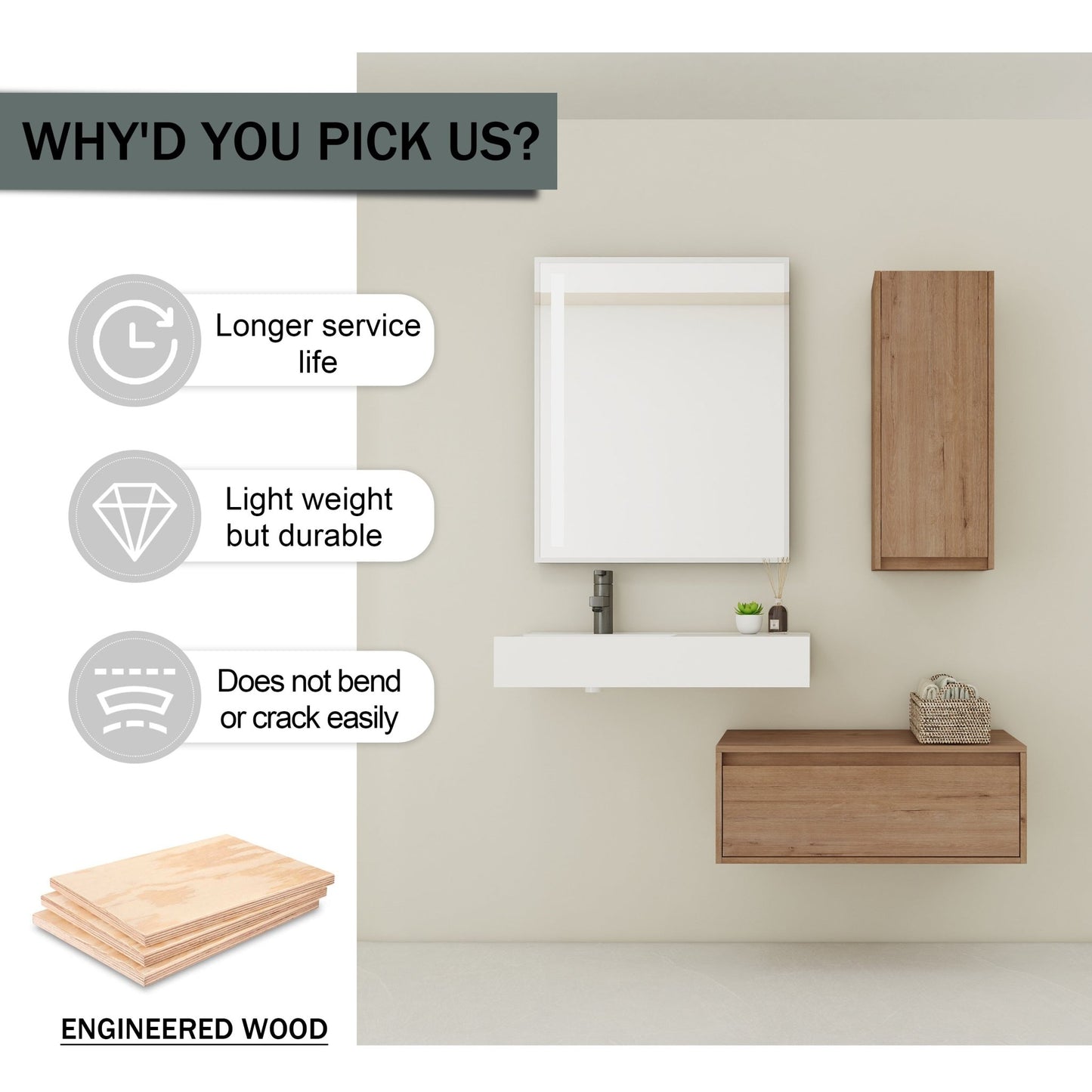 Modern Wall - Mounted Bathroom Vanity with Resin Sink and Side Cabinet, Soft Close Drawer, Imitative Oak, Plywood, 30 Inch - 1st Choice Furniture Direct