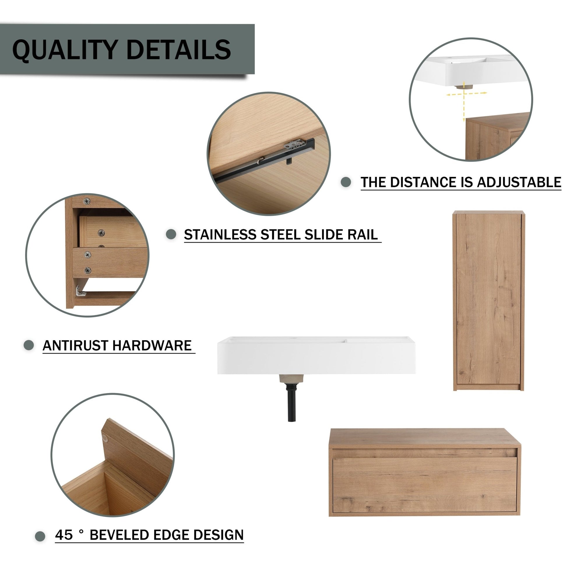 Modern Wall - Mounted Bathroom Vanity with Resin Sink and Side Cabinet, Soft Close Drawer, Imitative Oak, Plywood, 30 Inch - 1st Choice Furniture Direct