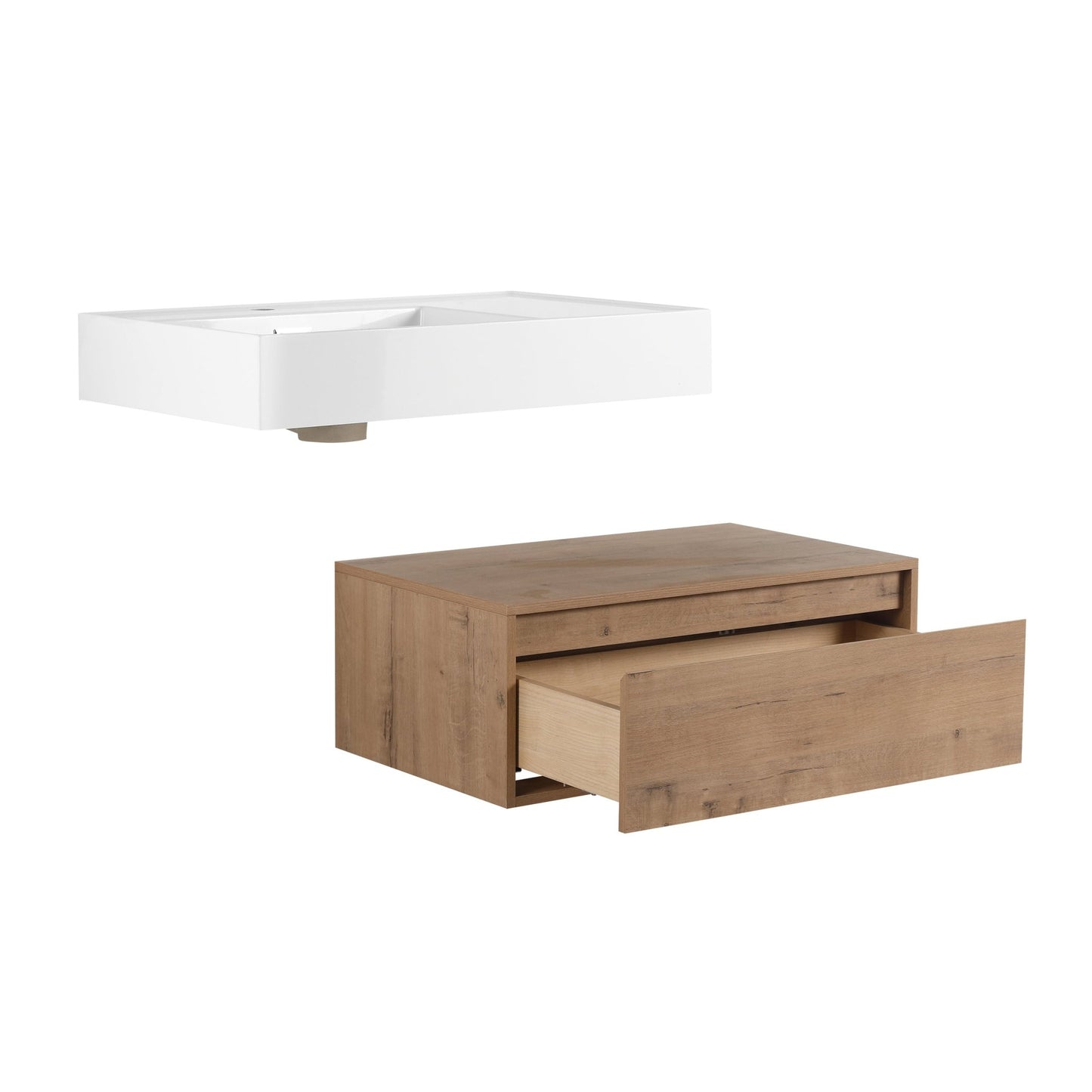 Modern Wall - Mounted Bathroom Vanity with Resin Sink and Side Cabinet, Soft Close Drawer, Imitative Oak, Plywood, 30 Inch - 1st Choice Furniture Direct