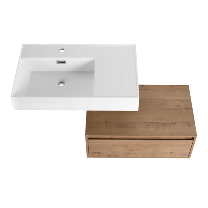 Modern Wall - Mounted Bathroom Vanity with Resin Sink and Side Cabinet, Soft Close Drawer, Imitative Oak, Plywood, 30 Inch - 1st Choice Furniture Direct