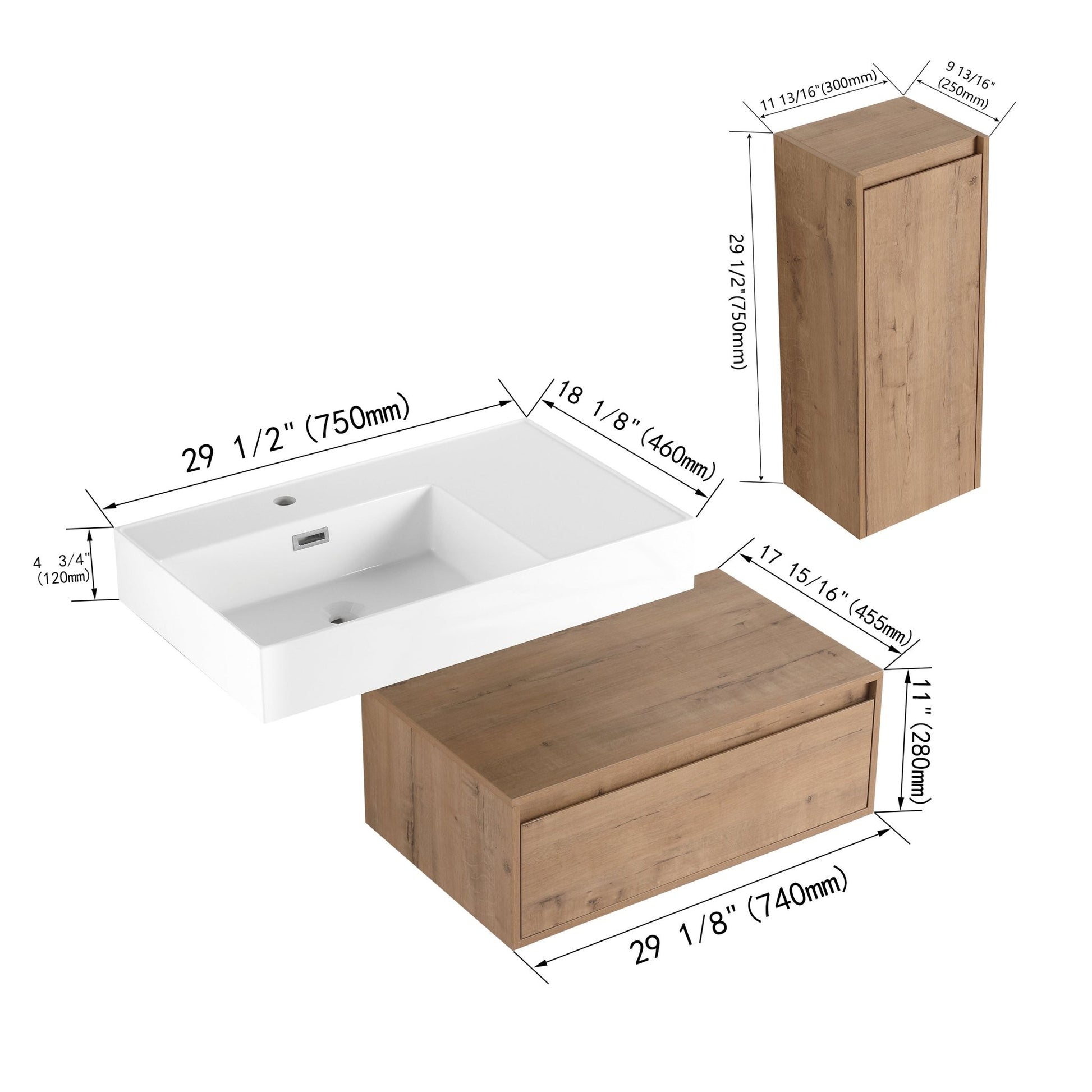 Modern Wall - Mounted Bathroom Vanity with Resin Sink and Side Cabinet, Soft Close Drawer, Imitative Oak, Plywood, 30 Inch - 1st Choice Furniture Direct