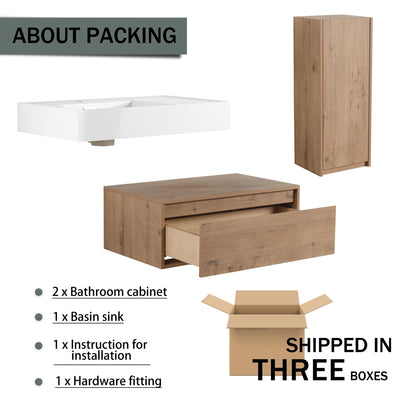 Modern Wall - Mounted Bathroom Vanity with Resin Sink and Side Cabinet, Soft Close Drawer, Imitative Oak, Plywood, 30 Inch - 1st Choice Furniture Direct
