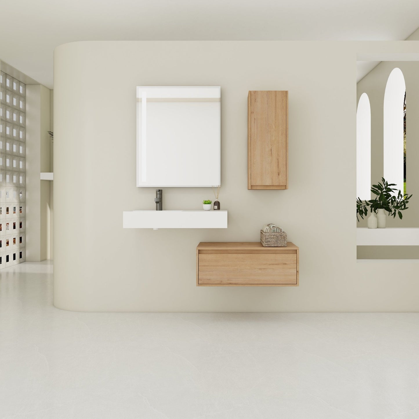 Modern Wall - Mounted Bathroom Vanity with Resin Sink and Side Cabinet, Soft Close Drawer, Imitative Oak, Plywood, 30 Inch - 1st Choice Furniture Direct