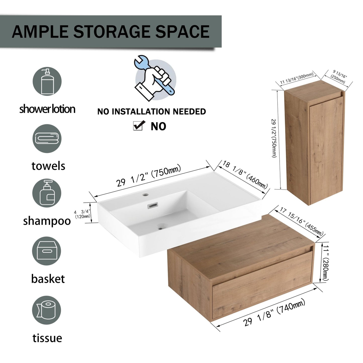 Modern Wall - Mounted Bathroom Vanity with Resin Sink and Side Cabinet, Soft Close Drawer, Imitative Oak, Plywood, 30 Inch - 1st Choice Furniture Direct