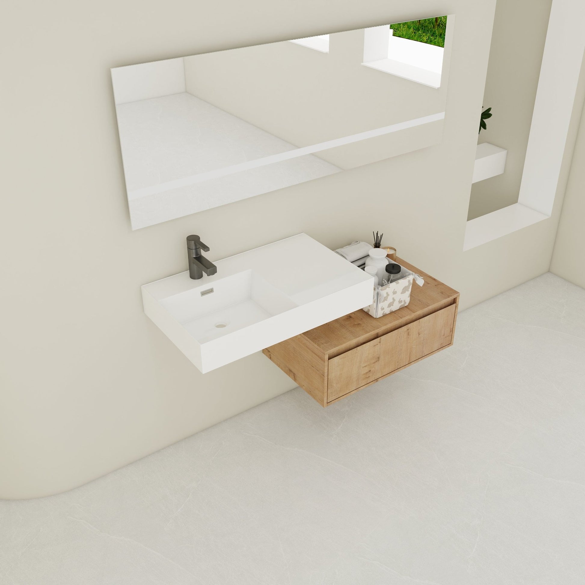 Modern Wall - Mounted Bathroom Vanity with Resin Sink and Soft Close Drawer in Imitative Oak, Plywood, 30 Inch - 1st Choice Furniture Direct