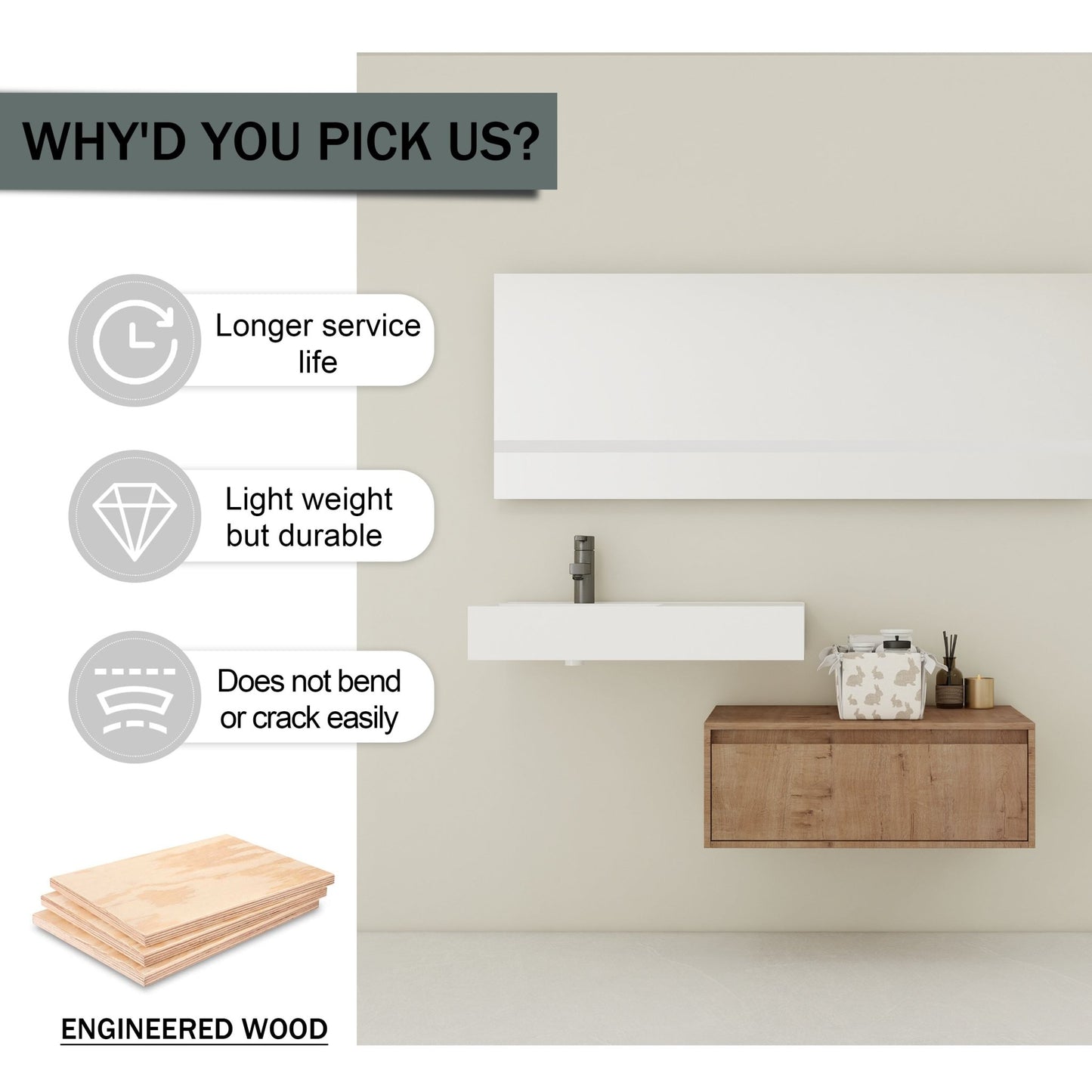 Modern Wall - Mounted Bathroom Vanity with Resin Sink and Soft Close Drawer in Imitative Oak, Plywood, 30 Inch - 1st Choice Furniture Direct