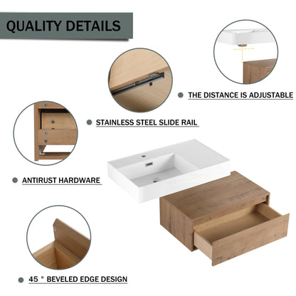 Modern Wall - Mounted Bathroom Vanity with Resin Sink and Soft Close Drawer in Imitative Oak, Plywood, 30 Inch - 1st Choice Furniture Direct