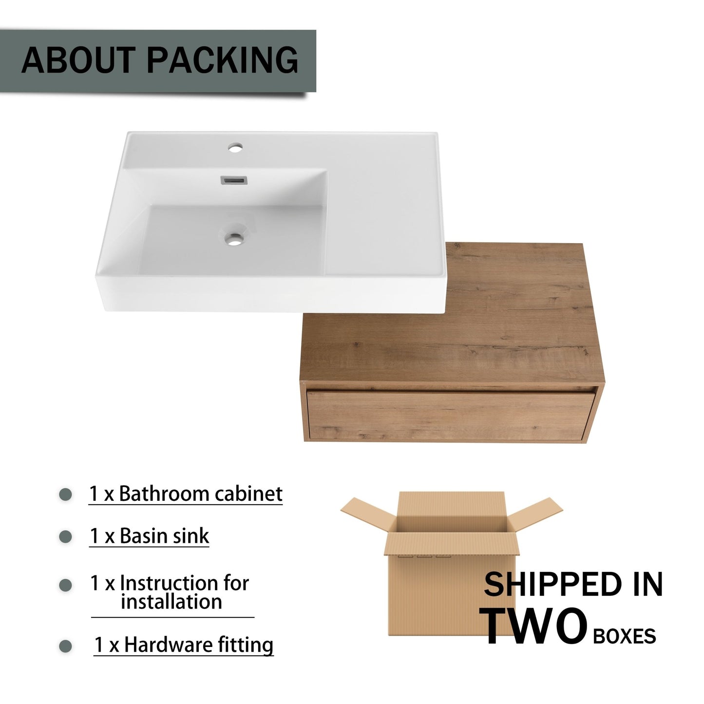 Modern Wall - Mounted Bathroom Vanity with Resin Sink and Soft Close Drawer in Imitative Oak, Plywood, 30 Inch - 1st Choice Furniture Direct