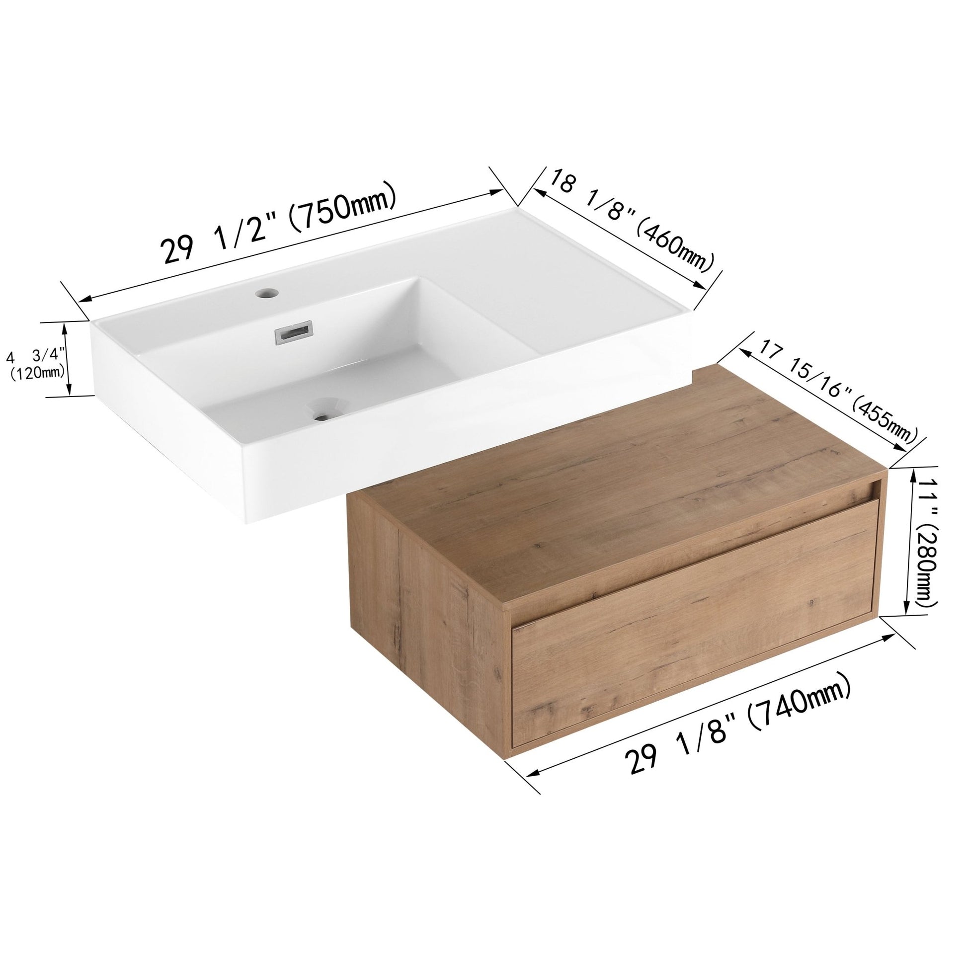 Modern Wall - Mounted Bathroom Vanity with Resin Sink and Soft Close Drawer in Imitative Oak, Plywood, 30 Inch - 1st Choice Furniture Direct