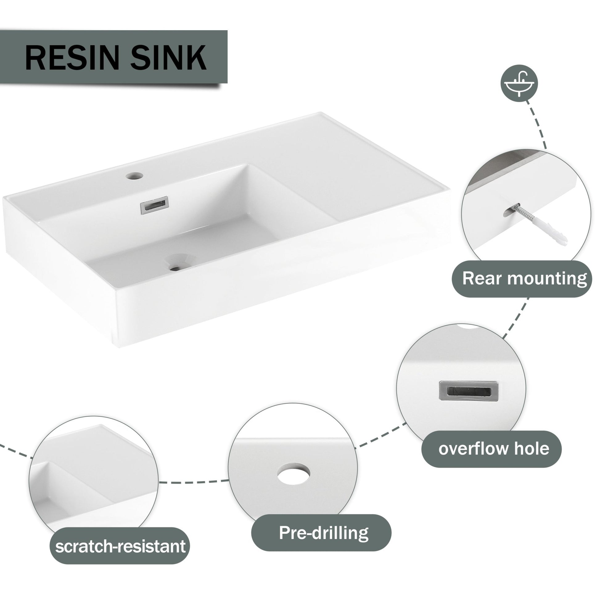 Modern Wall - Mounted Bathroom Vanity with Resin Sink and Soft Close Drawer in Imitative Oak, Plywood, 30 Inch - 1st Choice Furniture Direct