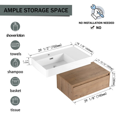 Modern Wall - Mounted Bathroom Vanity with Resin Sink and Soft Close Drawer in Imitative Oak, Plywood, 30 Inch - 1st Choice Furniture Direct