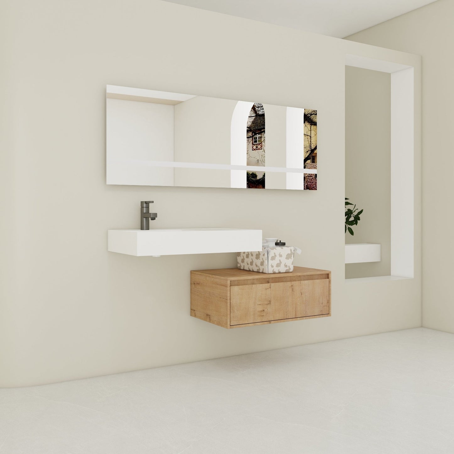 Modern Wall - Mounted Bathroom Vanity with Resin Sink and Soft Close Drawer in Imitative Oak, Plywood, 30 Inch - 1st Choice Furniture Direct