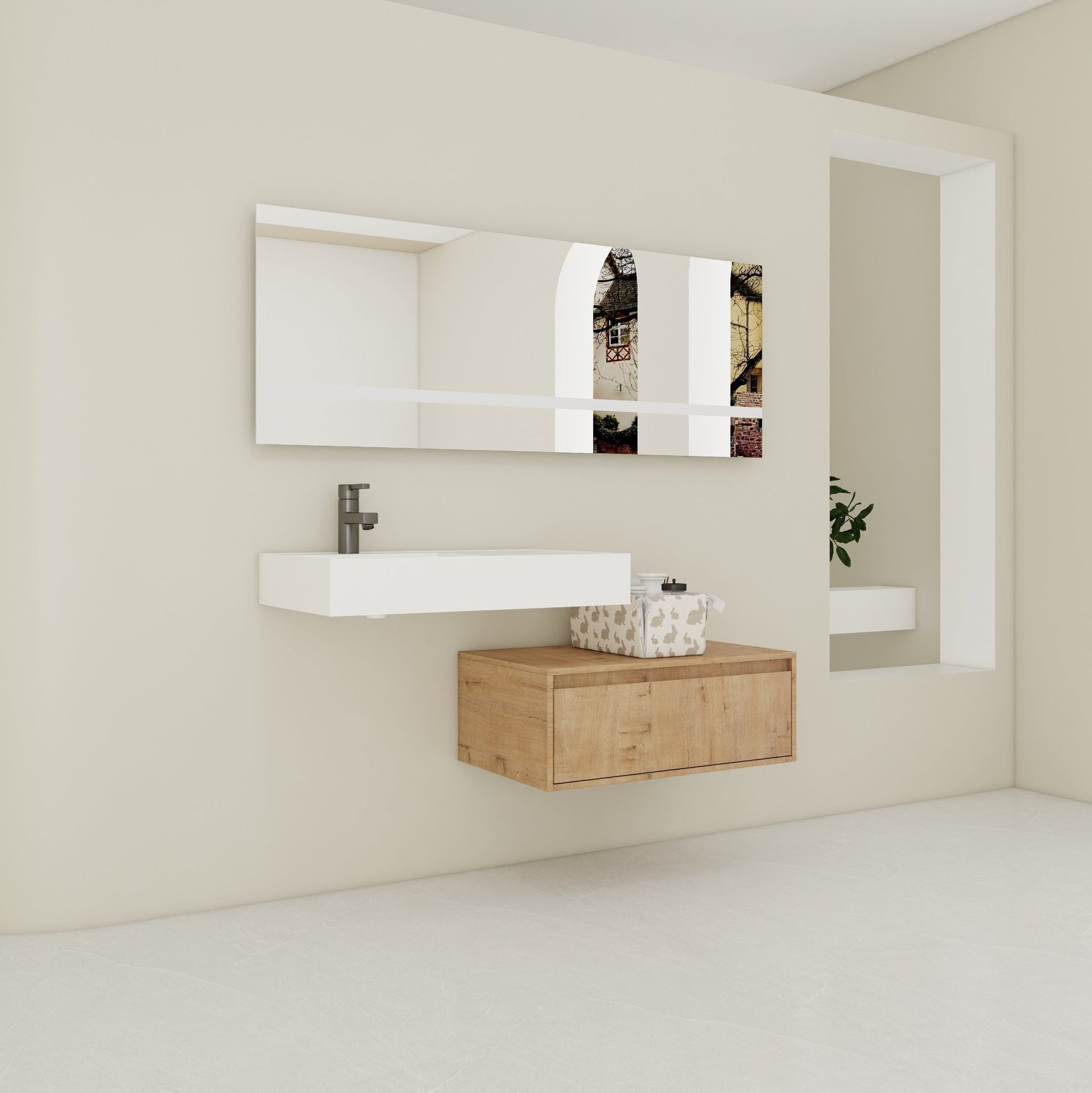 Modern Wall - Mounted Bathroom Vanity with Resin Sink and Soft Close Drawer in Imitative Oak, Plywood, 30 Inch - 1st Choice Furniture Direct