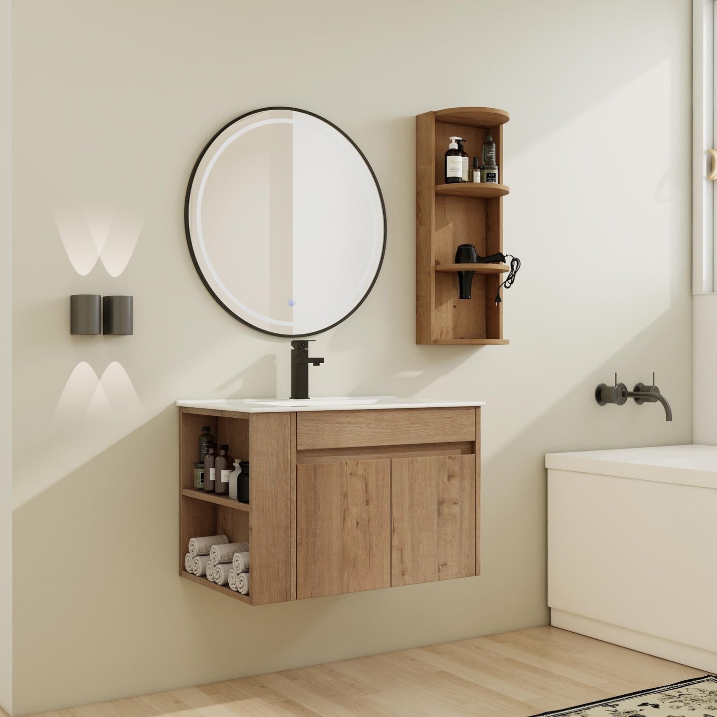 Modern Wall - Mounted Bathroom Vanity with Sink and Storage Rack, Soft Close Doors, Imitative Oak Plywood, 30 Inches - 1st Choice Furniture Direct