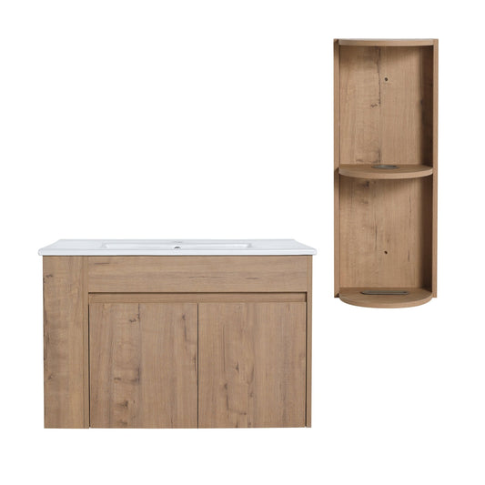 Modern Wall - Mounted Bathroom Vanity with Sink and Storage Rack, Soft Close Doors, Imitative Oak Plywood, 30 Inches - 1st Choice Furniture Direct