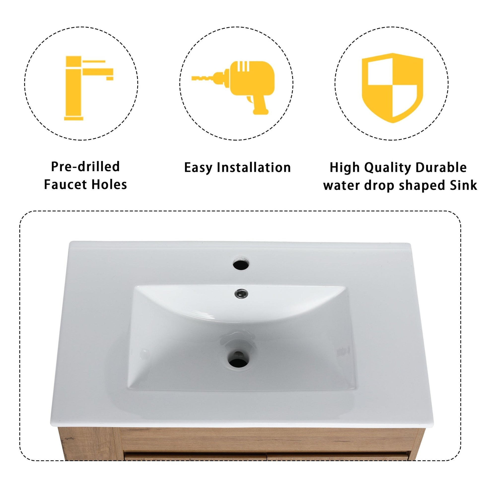 Modern Wall - Mounted Bathroom Vanity with Sink and Storage Rack, Soft Close Doors, Imitative Oak Plywood, 30 Inches - 1st Choice Furniture Direct