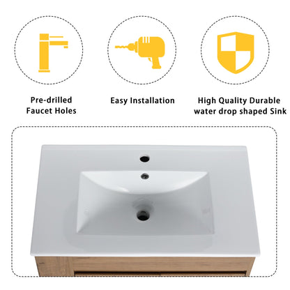 Modern Wall - Mounted Bathroom Vanity with Sink and Storage Rack, Soft Close Doors, Imitative Oak Plywood, 30 Inches - 1st Choice Furniture Direct