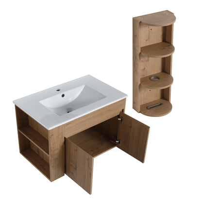 Modern Wall - Mounted Bathroom Vanity with Sink and Storage Rack, Soft Close Doors, Imitative Oak Plywood, 30 Inches - 1st Choice Furniture Direct