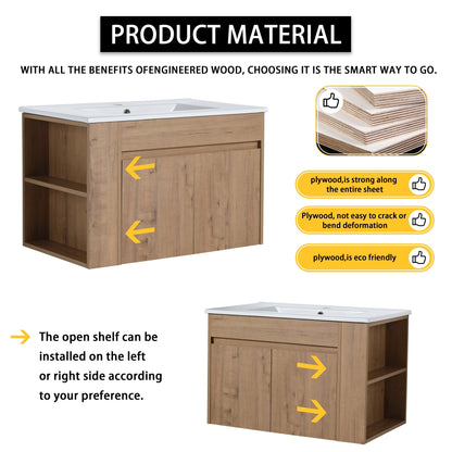 Modern Wall - Mounted Bathroom Vanity with Sink and Storage Rack, Soft Close Doors, Imitative Oak Plywood, 30 Inches - 1st Choice Furniture Direct