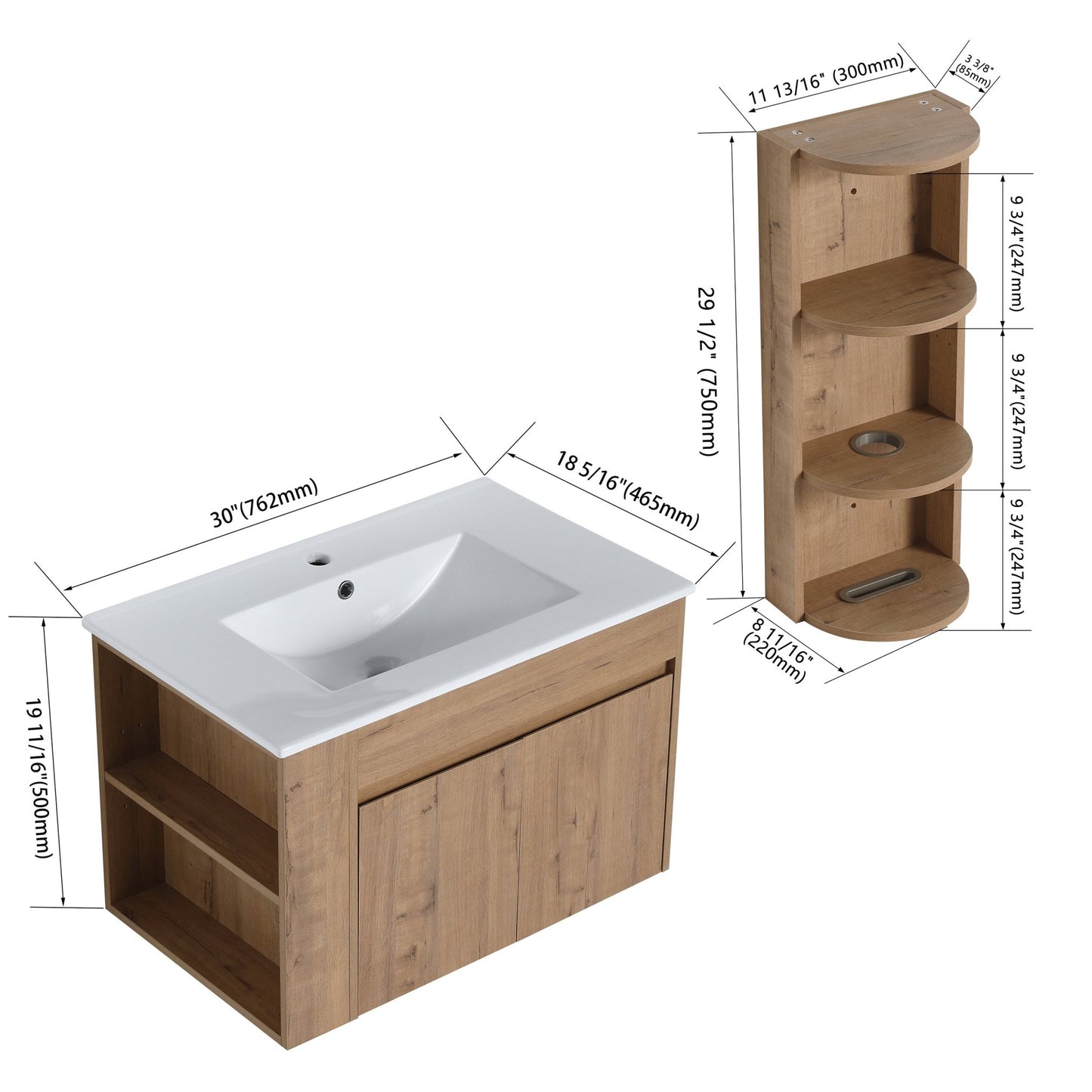 Modern Wall - Mounted Bathroom Vanity with Sink and Storage Rack, Soft Close Doors, Imitative Oak Plywood, 30 Inches - 1st Choice Furniture Direct