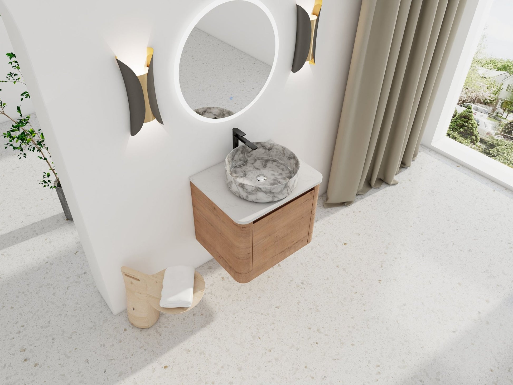 Modern Wall-Mounted Bathroom Vanity with White Stone Top & Ceramic Art Sink – Imitative Oak - 1st Choice Furniture Direct