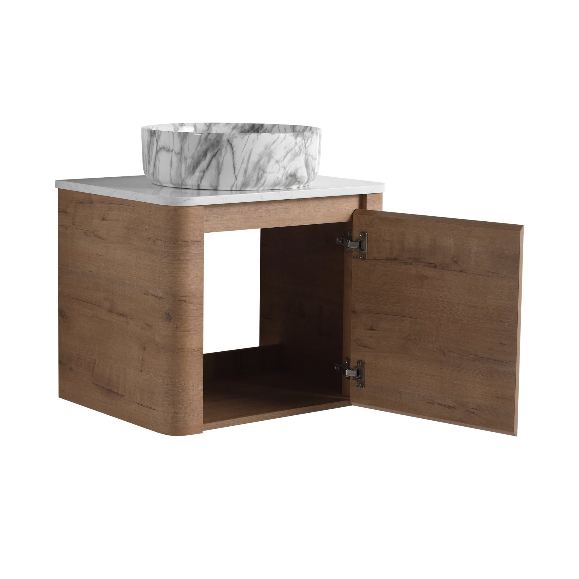 Modern Wall-Mounted Bathroom Vanity with White Stone Top & Ceramic Art Sink – Imitative Oak - 1st Choice Furniture Direct