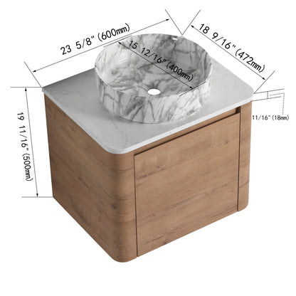 Modern Wall-Mounted Bathroom Vanity with White Stone Top & Ceramic Art Sink – Imitative Oak - 1st Choice Furniture Direct