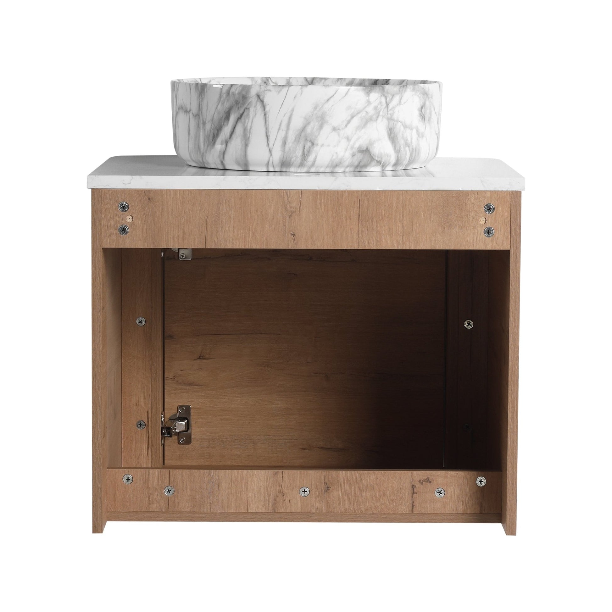 Modern Wall-Mounted Bathroom Vanity with White Stone Top & Ceramic Art Sink – Imitative Oak - 1st Choice Furniture Direct
