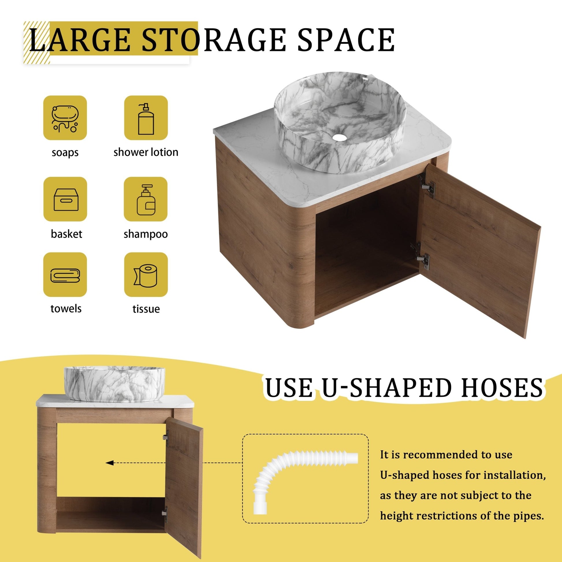 Modern Wall-Mounted Bathroom Vanity with White Stone Top & Ceramic Art Sink – Imitative Oak - 1st Choice Furniture Direct