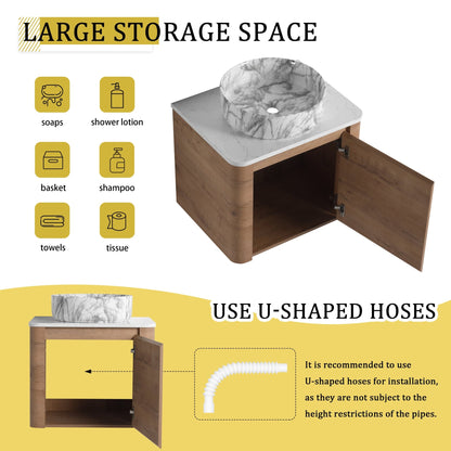 Modern Wall-Mounted Bathroom Vanity with White Stone Top & Ceramic Art Sink – Imitative Oak - 1st Choice Furniture Direct