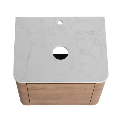 Modern Wall-Mounted Bathroom Vanity with White Stone Top & Ceramic Art Sink – Imitative Oak - 1st Choice Furniture Direct