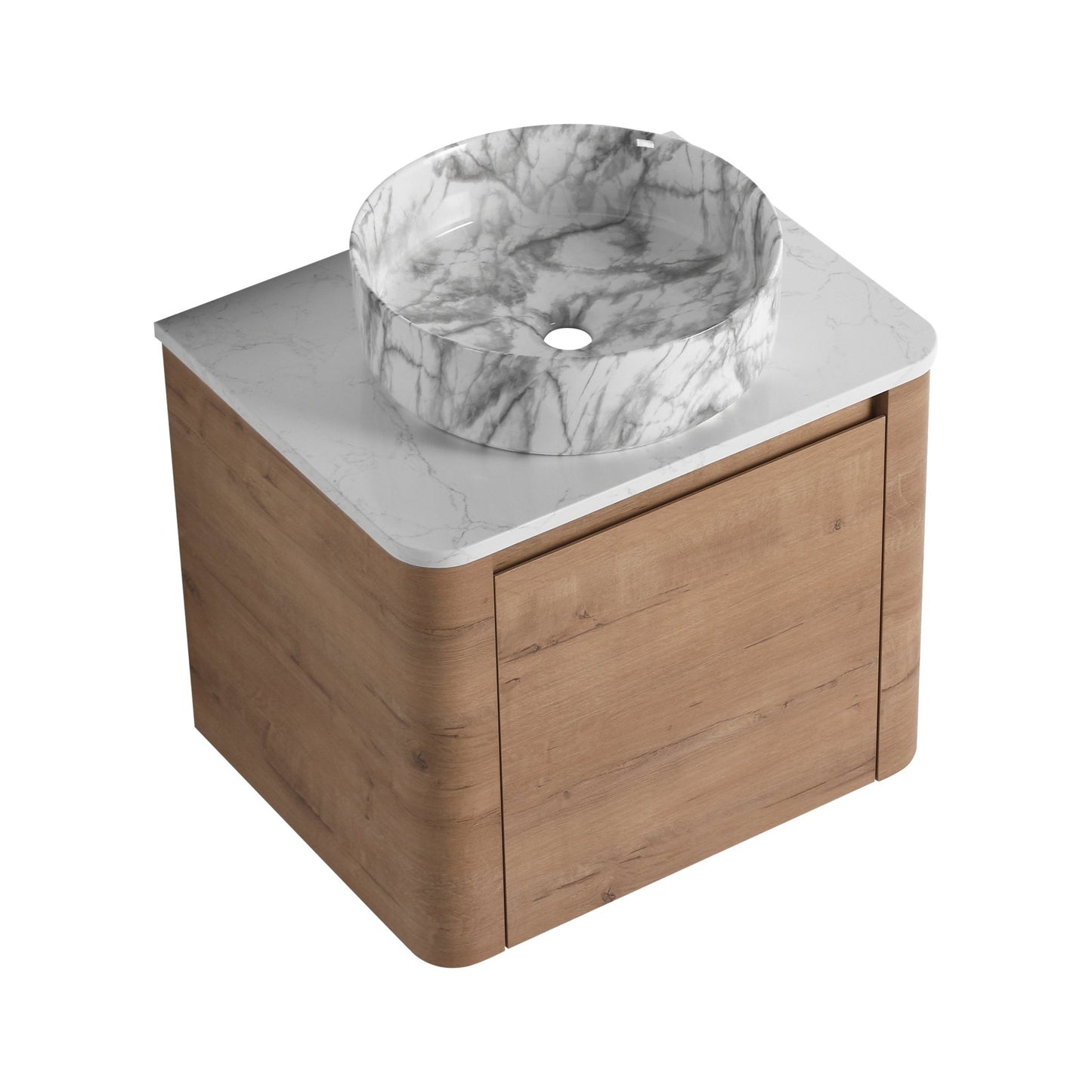 Modern Wall-Mounted Bathroom Vanity with White Stone Top & Ceramic Art Sink – Imitative Oak - 1st Choice Furniture Direct