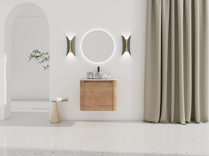 Modern Wall-Mounted Bathroom Vanity with White Stone Top & Ceramic Art Sink – Imitative Oak - 1st Choice Furniture Direct