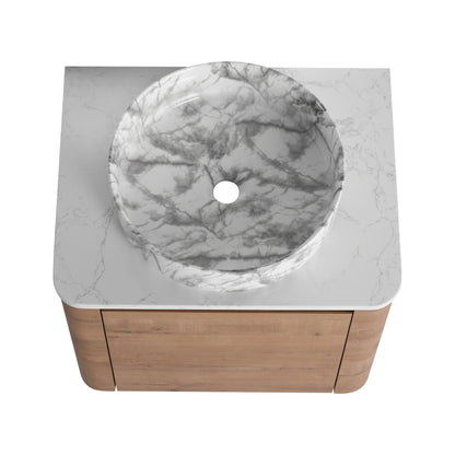 Modern Wall-Mounted Bathroom Vanity with White Stone Top & Ceramic Art Sink – Imitative Oak - 1st Choice Furniture Direct