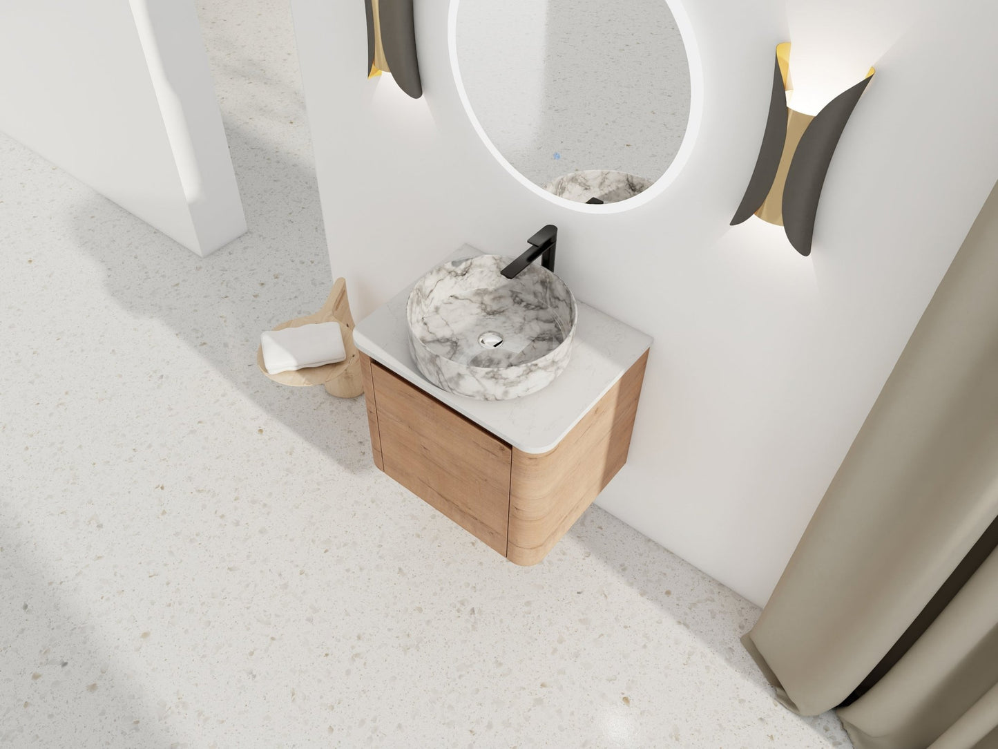 Modern Wall-Mounted Bathroom Vanity with White Stone Top & Ceramic Art Sink – Imitative Oak - 1st Choice Furniture Direct