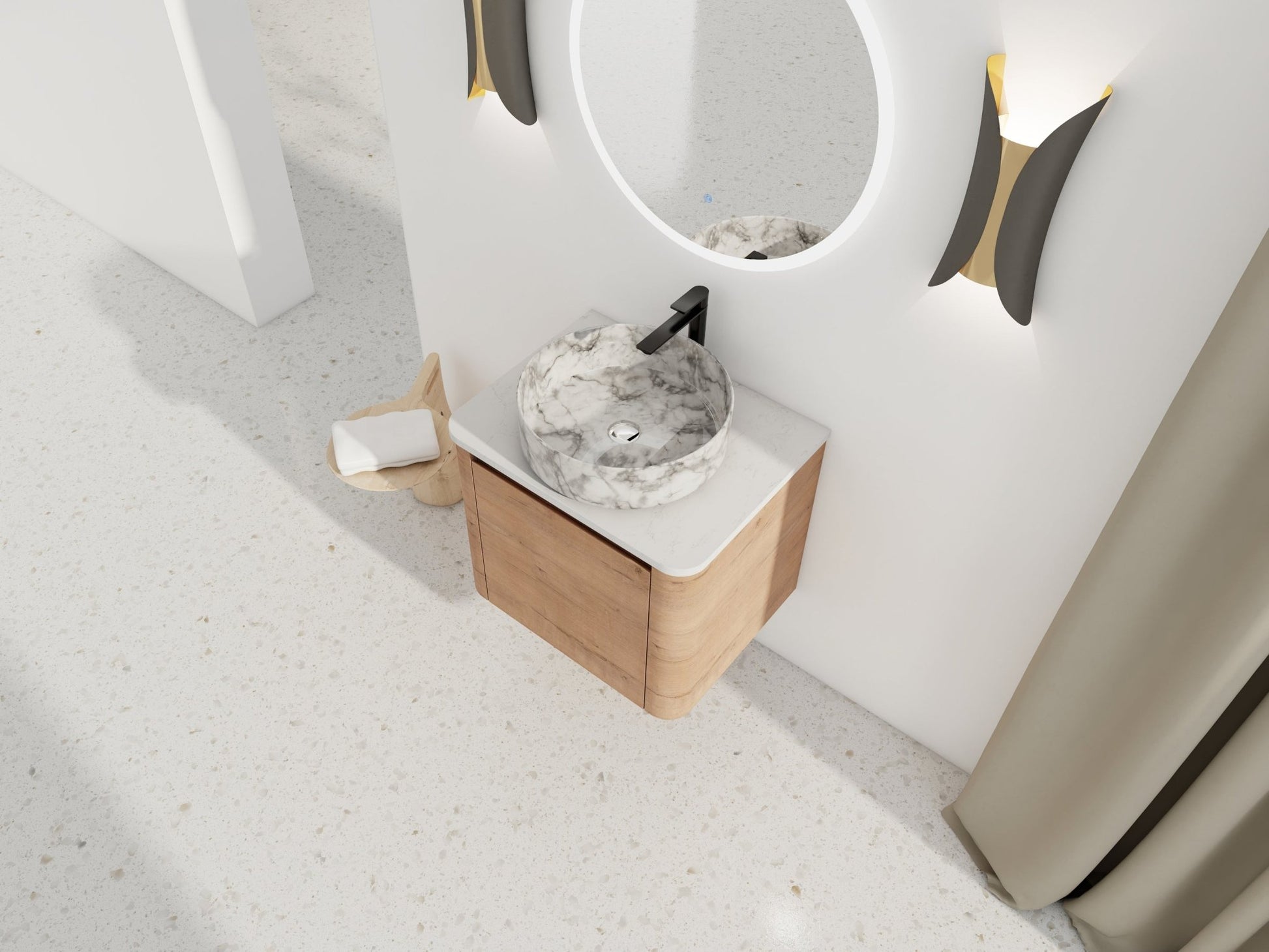 Modern Wall-Mounted Bathroom Vanity with White Stone Top & Ceramic Art Sink – Imitative Oak - 1st Choice Furniture Direct