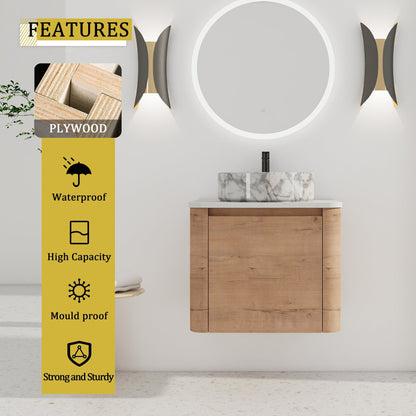 Modern Wall-Mounted Bathroom Vanity with White Stone Top & Ceramic Art Sink – Imitative Oak - 1st Choice Furniture Direct