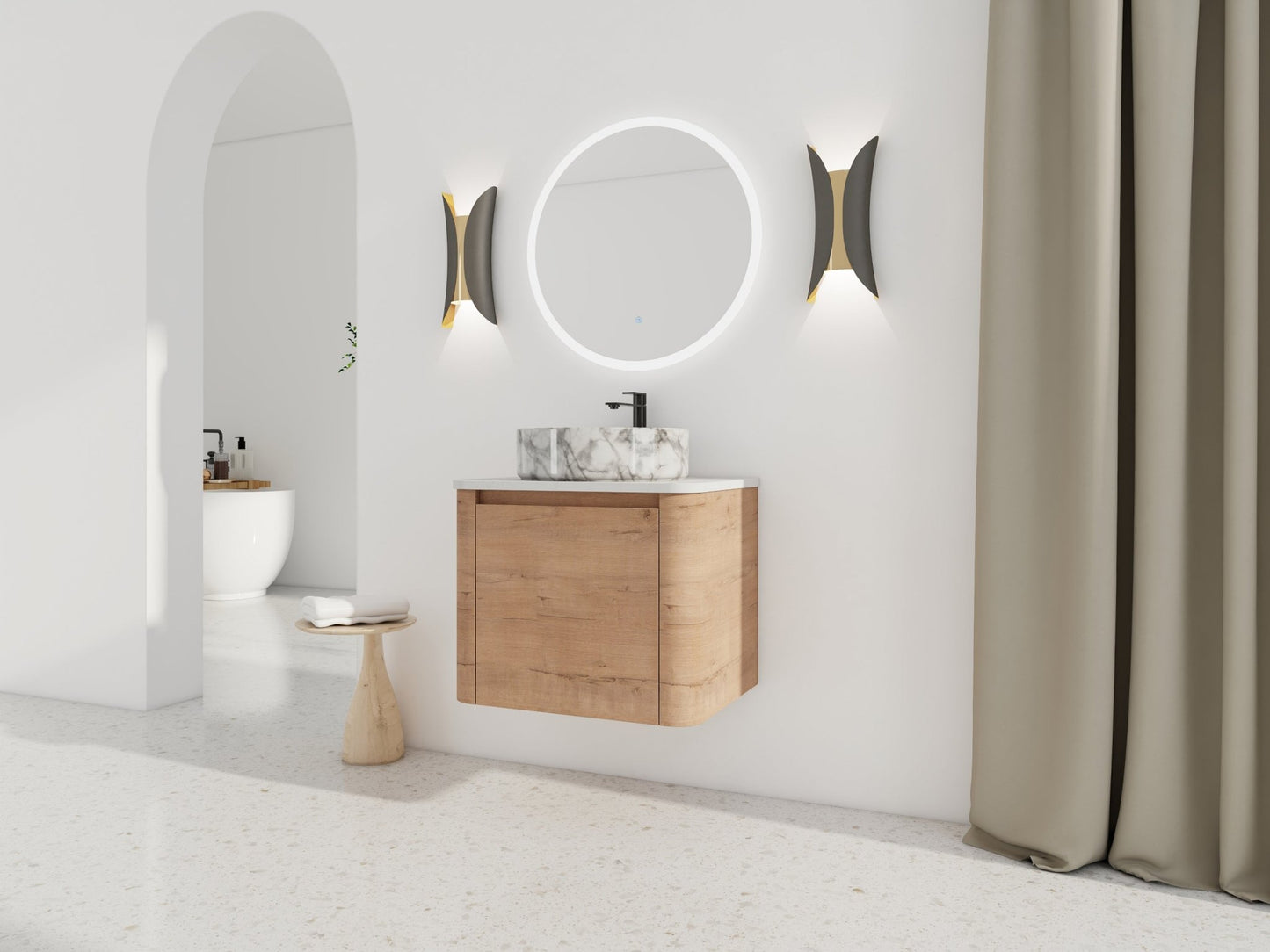 Modern Wall-Mounted Bathroom Vanity with White Stone Top & Ceramic Art Sink – Imitative Oak - 1st Choice Furniture Direct