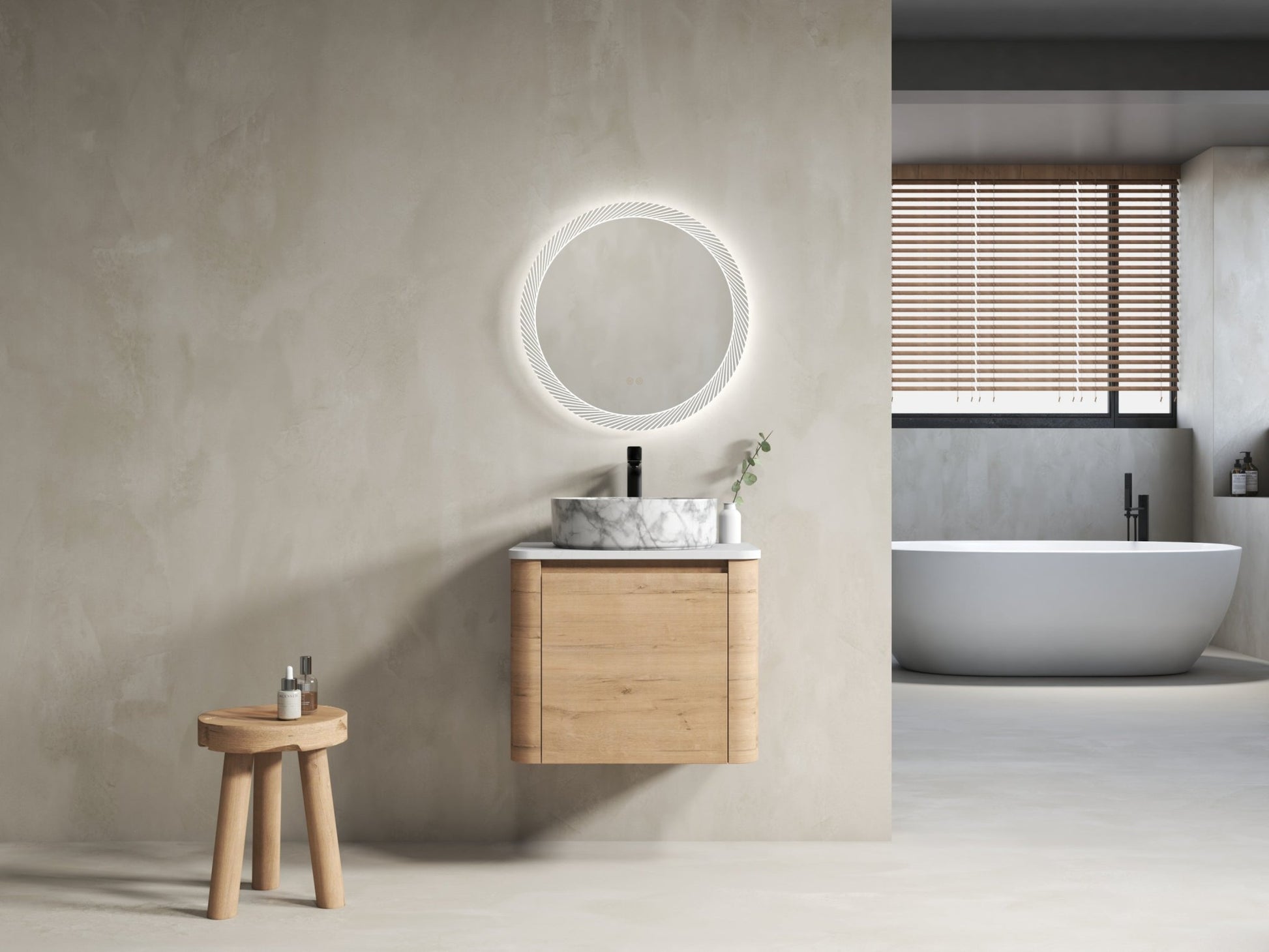 Modern Wall-Mounted Bathroom Vanity with White Stone Top & Ceramic Art Sink – Imitative Oak - 1st Choice Furniture Direct