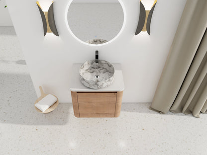 Modern Wall-Mounted Bathroom Vanity with White Stone Top & Ceramic Art Sink – Imitative Oak - 1st Choice Furniture Direct