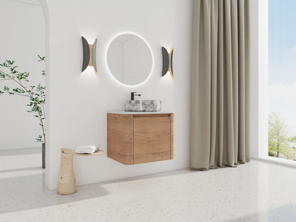 Modern Wall-Mounted Bathroom Vanity with White Stone Top & Ceramic Art Sink – Imitative Oak - 1st Choice Furniture Direct